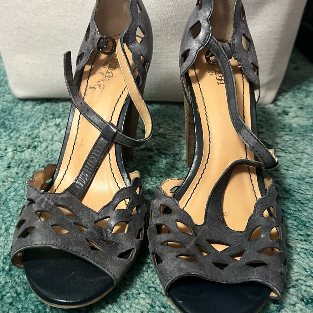 Crown Vintage laser cut tea cup peel toe heeled sandals
